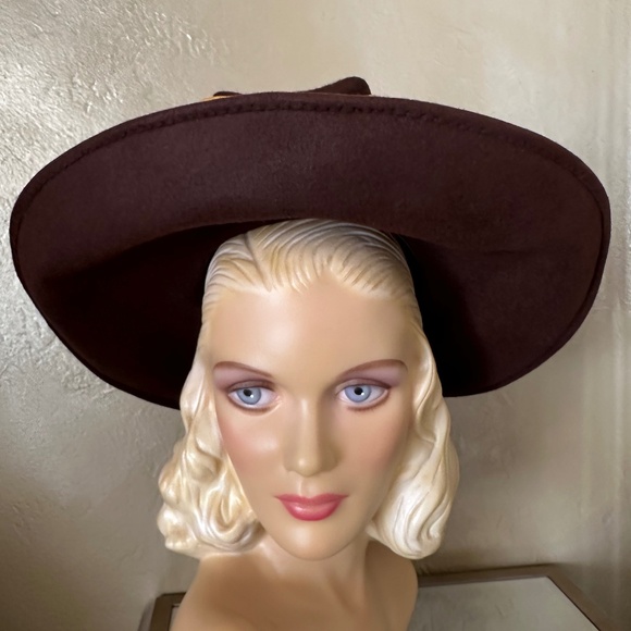 AMAZING 1940s\' BROWN FELT WIDE BRIM HAT + GOLD GROSGRAIN BOWS + THICK VEIL main image 9